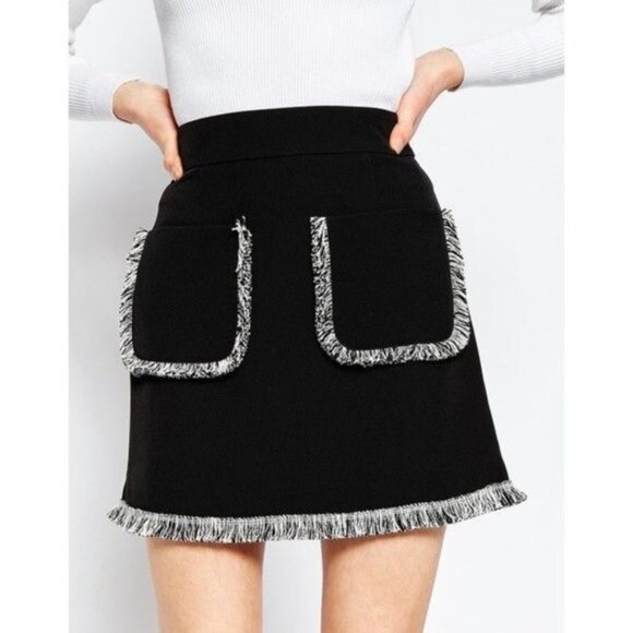 ASOS Fringe A-Line Mini Skirt 10 NEW Black White Pockets - Picture 1 of 5